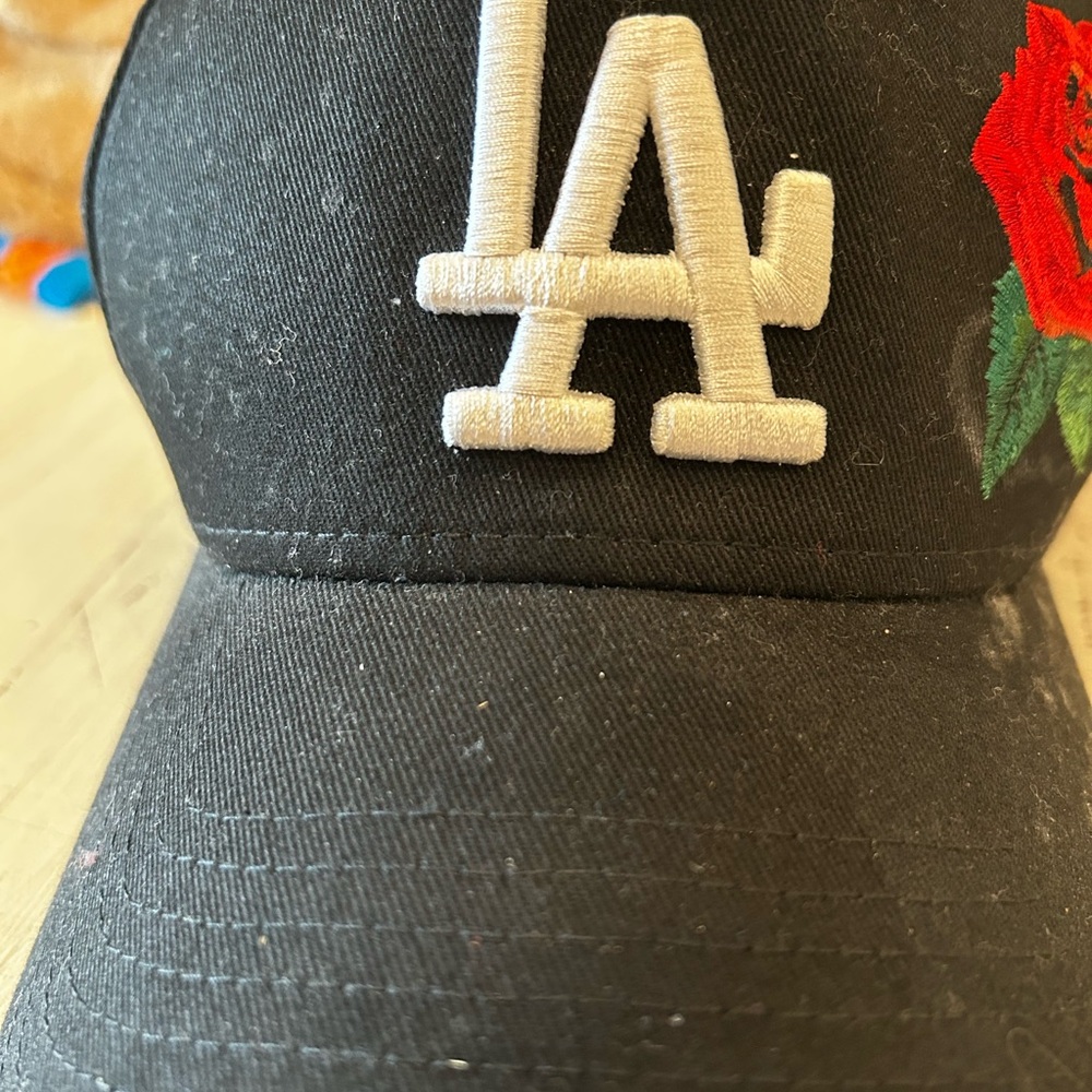 New Era Black Cap with Red Rose Embroidery